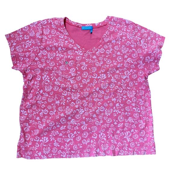 fresh produce Tops - Fresh Produce Pink Floral V Neck T Shirt SZ 3X USA Cotton Pocket Casual Cottage